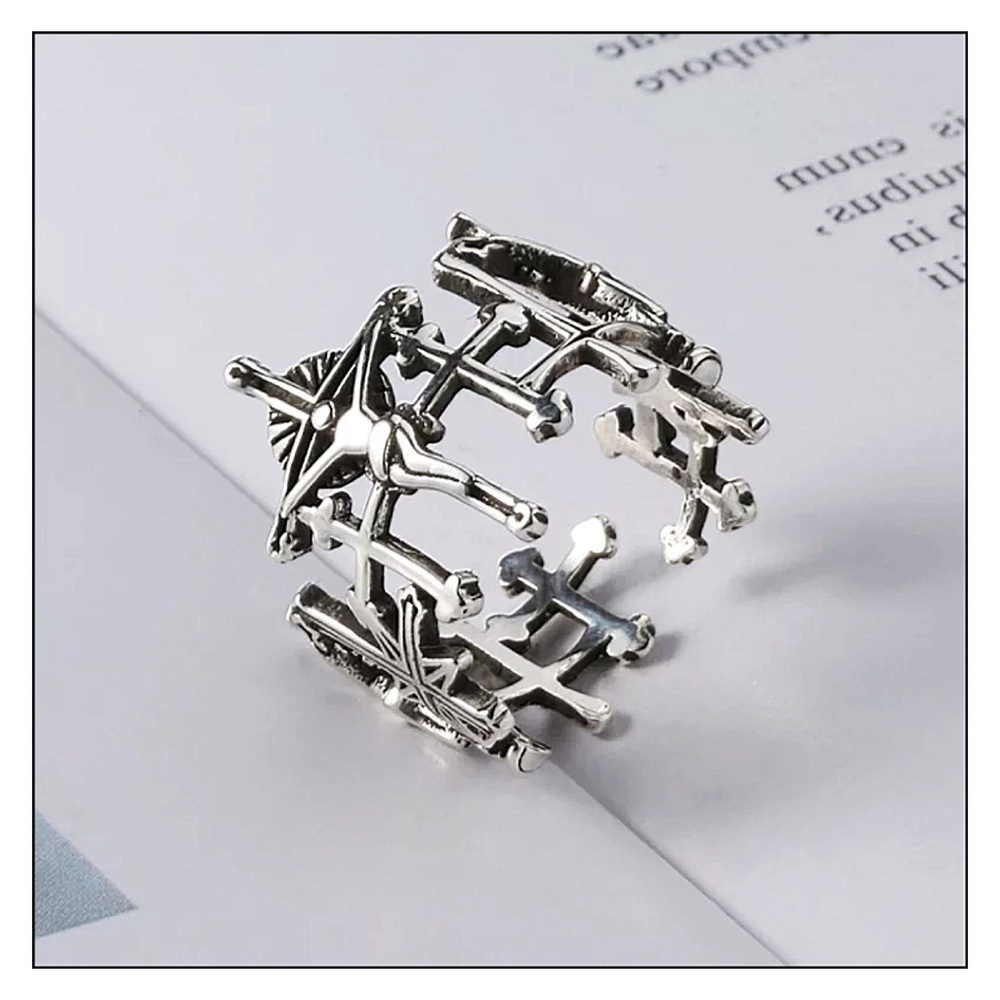 SILVER Adjustable Crucifixion Jesus Brutalist Style Ring - Picture 3 of 5
